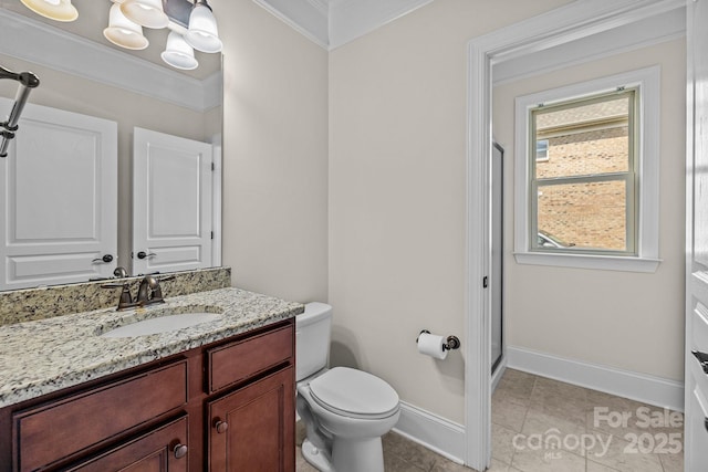 10508 Kristens Mare Dr, Charlotte, NC 28277 - full bathroom featuring vanity, baseboards, a stall shower, toilet, and crown molding