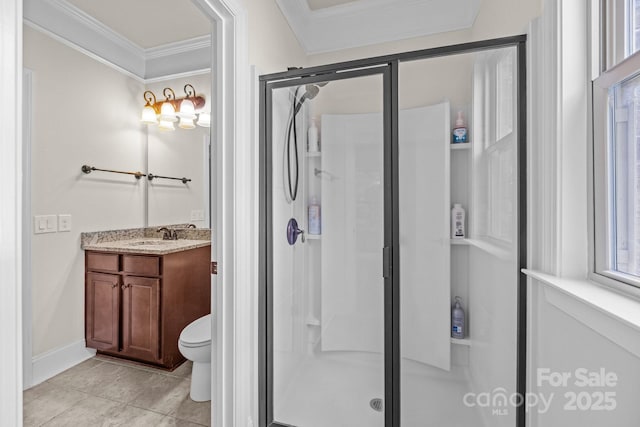 10508 Kristens Mare Dr, Charlotte, NC 28277 - full bath with crown molding, vanity, a shower stall, tile patterned flooring, and toilet