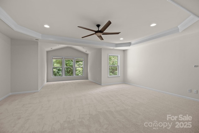 10508 Kristens Mare Dr, Charlotte, NC 28277 - carpeted spare room with a raised ceiling, crown molding, a ceiling fan, baseboards, and recessed lighting