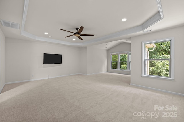 10508 Kristens Mare Dr, Charlotte, NC 28277 - spare room featuring a tray ceiling, light colored carpet, ceiling fan, recessed lighting, and baseboards
