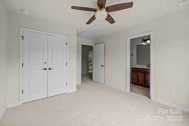 10508 Kristens Mare Dr, Charlotte, NC 28277 - unfurnished bedroom with attic access, carpet flooring, a closet, baseboards, and connected bathroom