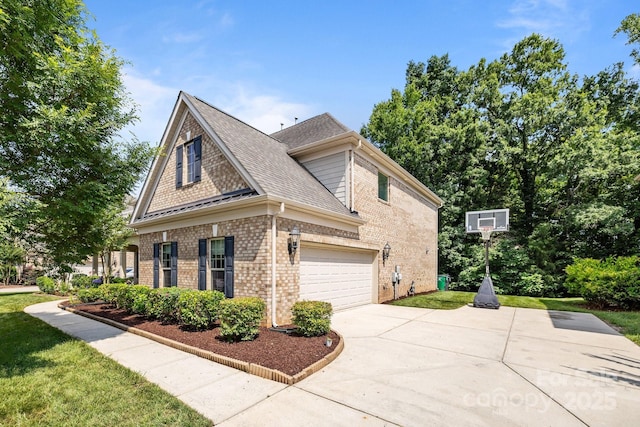 10508 Kristens Mare Dr, Charlotte, NC 28277 - view of side of property featuring driveway, brick siding, a shingled roof, a lawn, and a garage