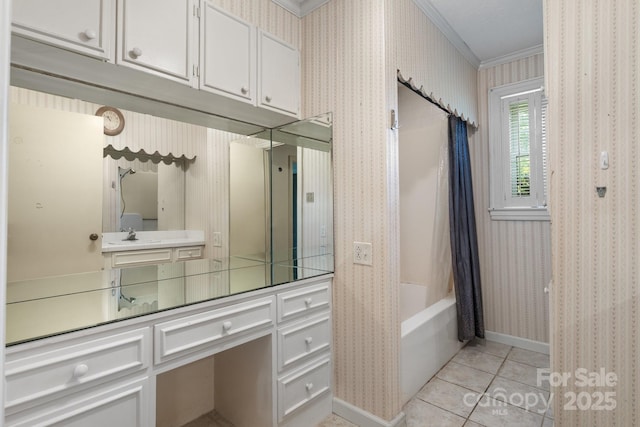 4002 Hickory Blvd, Granite Falls, NC 28630 - full bath featuring ornamental molding, shower / bath combo with shower curtain, tile patterned floors, and wallpapered walls