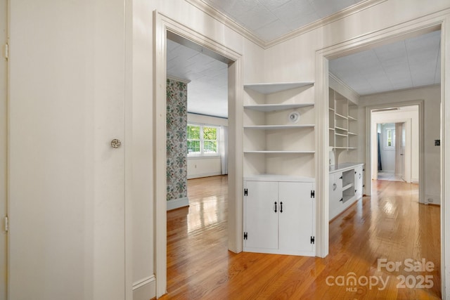 4002 Hickory Blvd, Granite Falls, NC 28630 - corridor with crown molding, light wood-style floors, and built in features