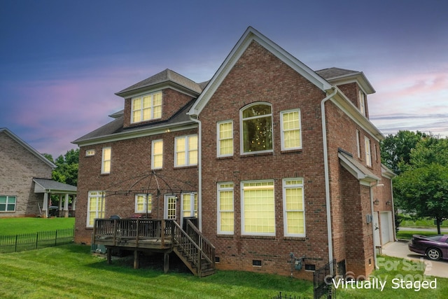 8409 Olde Stonegate Ln, Mint Hill, NC 28227 - back of property at dusk with a wooden deck, brick siding, crawl space, and an attached garage