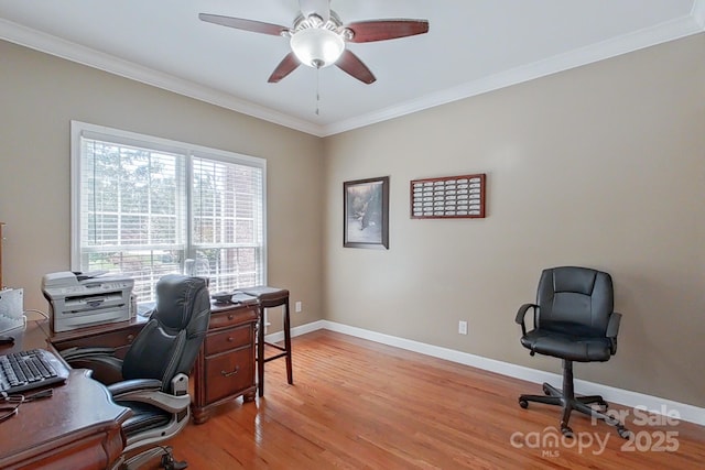 8409 Olde Stonegate Ln, Mint Hill, NC 28227 - office space featuring ornamental molding, light wood-type flooring, baseboards, and ceiling fan