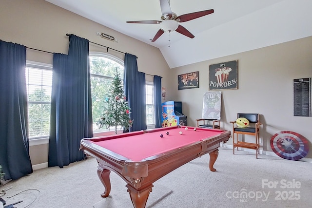 8409 Olde Stonegate Ln, Mint Hill, NC 28227 - recreation room featuring carpet flooring, billiards, lofted ceiling, ceiling fan, and baseboards