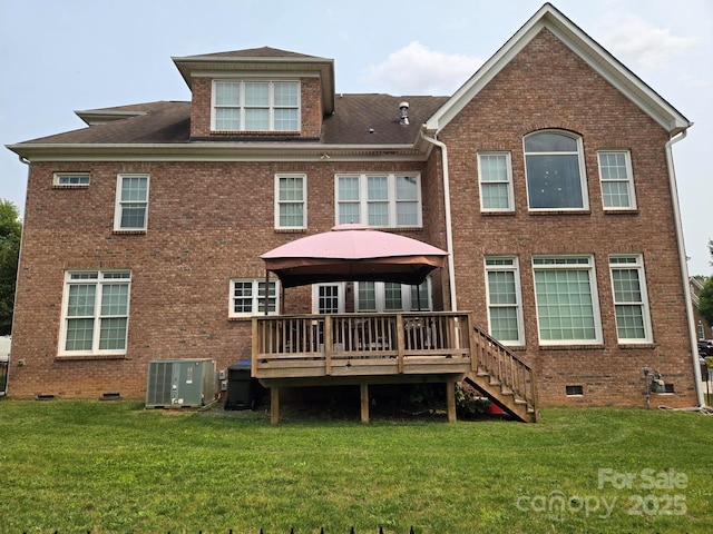 8409 Olde Stonegate Ln, Mint Hill, NC 28227 - rear view of house with crawl space, central air condition unit, a gazebo, brick siding, and a wooden deck