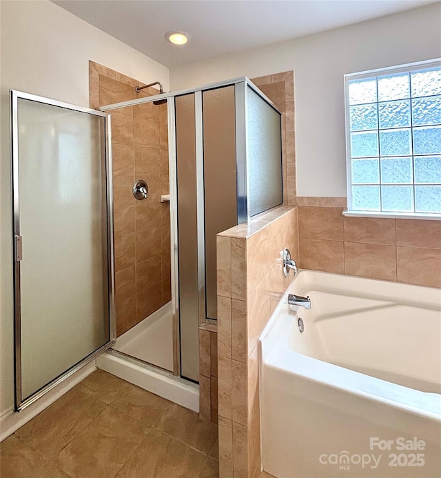 12904 Windy Lea Ln, Huntersville, NC 28078 - full bathroom featuring a bath, a shower stall, tile patterned flooring, and recessed lighting
