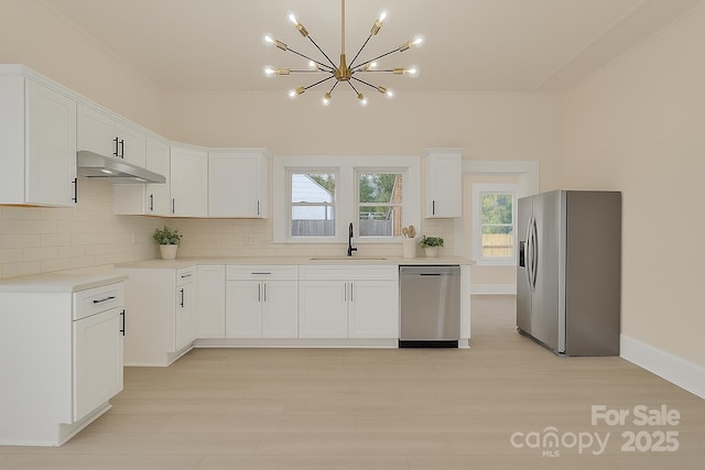 1003 S Ridge Ave, Kannapolis, NC 28083 - kitchen featuring appliances with stainless steel finishes, a sink, under cabinet range hood, a chandelier, and backsplash
