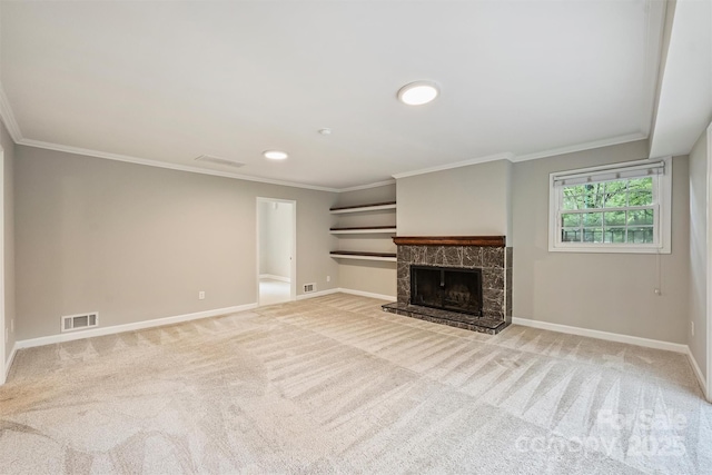 2301 Seth Thomas Rd, Charlotte, NC 28210 - unfurnished living room featuring ornamental molding, baseboards, light carpet, a tiled fireplace, and recessed lighting