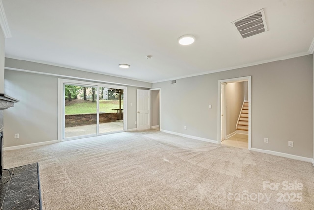 2301 Seth Thomas Rd, Charlotte, NC 28210 - unfurnished living room with ornamental molding, stairs, carpet, and baseboards