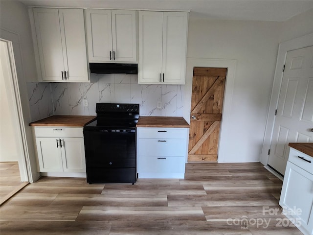 1434 N Hamilton St, High Point, NC 27262 - kitchen with black electric range oven, wood counters, under cabinet range hood, and decorative backsplash