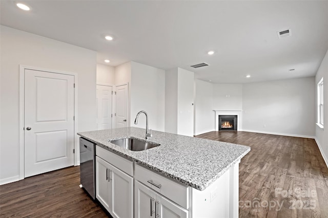 50 Lance Forest Rd, Fletcher, NC 28732 - kitchen featuring a sink, dishwasher, dark wood-style floors, light stone countertops, and recessed lighting