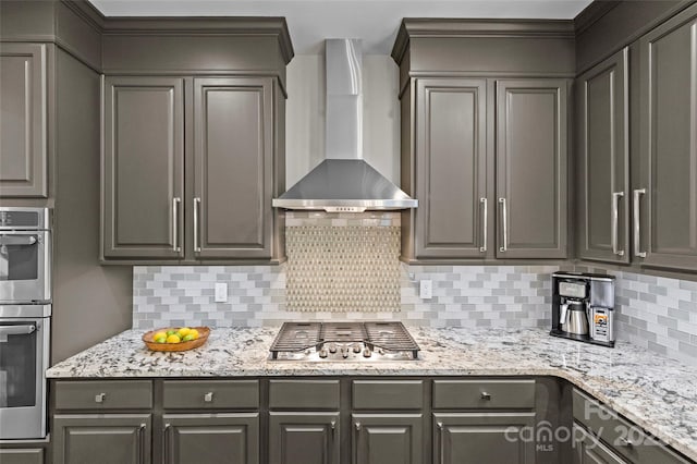 224 Wendover Heights Cir, Charlotte, NC 28211 - kitchen with wall chimney range hood, stainless steel appliances, decorative backsplash, and gray cabinetry