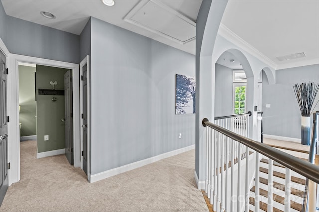 224 Wendover Heights Cir, Charlotte, NC 28211 - corridor with light colored carpet, crown molding, baseboards, and an upstairs landing