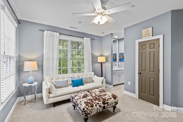 224 Wendover Heights Cir, Charlotte, NC 28211 - living room featuring carpet flooring, a ceiling fan, and baseboards