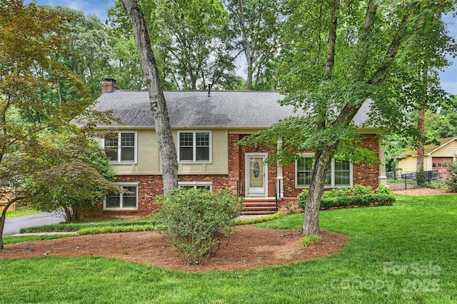 7050 Knightswood Dr, Charlotte, NC 28226 - view of front of house with a chimney, brick siding, roof with shingles, and stucco siding