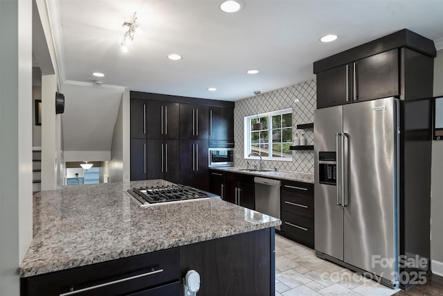 7050 Knightswood Dr, Charlotte, NC 28226 - kitchen featuring stainless steel appliances, tasteful backsplash, open shelves, light stone counters, and recessed lighting