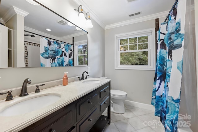 7050 Knightswood Dr, Charlotte, NC 28226 - full bath with double vanity, healthy amount of natural light, tile patterned flooring, crown molding, and a shower with shower curtain