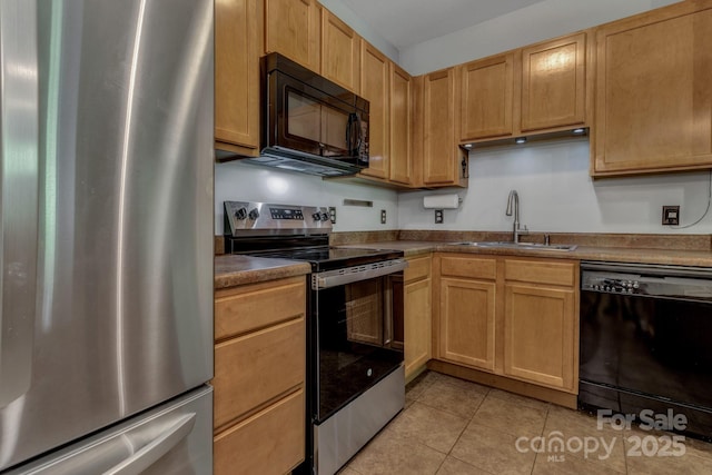 176 Brickton Village Cir Unit 302, Fletcher, NC 28732 - kitchen with black appliances, a sink, light tile patterned floors, and dark countertops