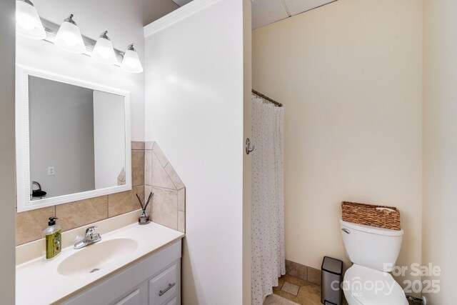 211 Drive Inn Rd, Locust, NC 28097 - bathroom with vanity, toilet, a shower with curtain, and backsplash