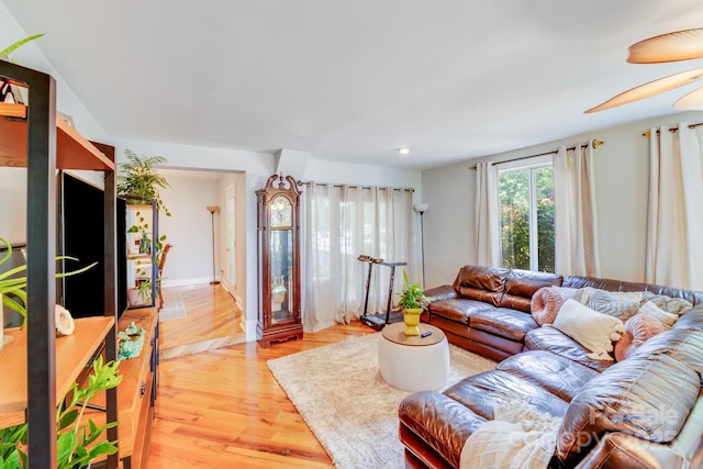 211 Drive Inn Rd, Locust, NC 28097 - living room featuring light wood finished floors, ceiling fan, and recessed lighting