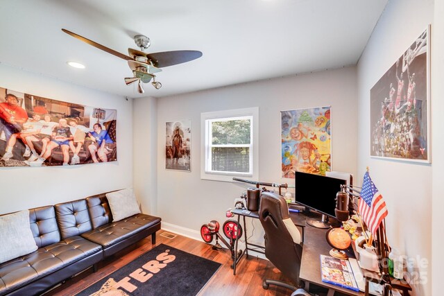 211 Drive Inn Rd, Locust, NC 28097 - home office with wood finished floors, baseboards, recessed lighting, and ceiling fan