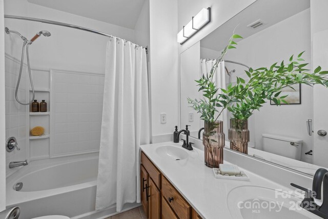 1556 Walnut View Dr, Charlotte, NC 28208 - full bathroom featuring shower / bath combination with curtain, double vanity, and tile patterned floors