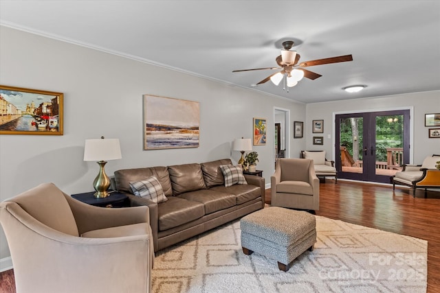 625 S Magnolia St, Mooresville, NC 28115 - living area with wood finished floors, a ceiling fan, french doors, ornamental molding, and baseboards