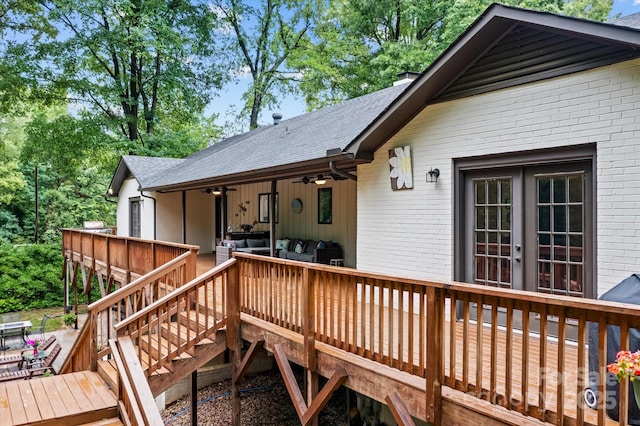 625 S Magnolia St, Mooresville, NC 28115 - wooden deck featuring a ceiling fan, stairway, french doors, and outdoor lounge area
