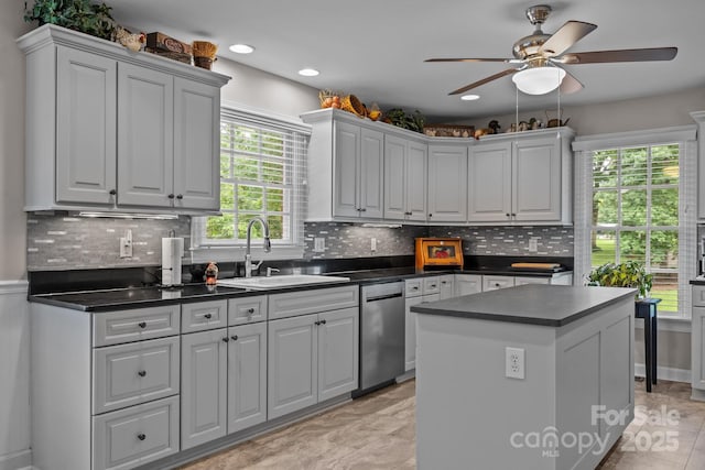 635 Timberlane Trl, Salisbury, NC 28147 - kitchen with a sink, stainless steel dishwasher, dark countertops, ceiling fan, and tasteful backsplash