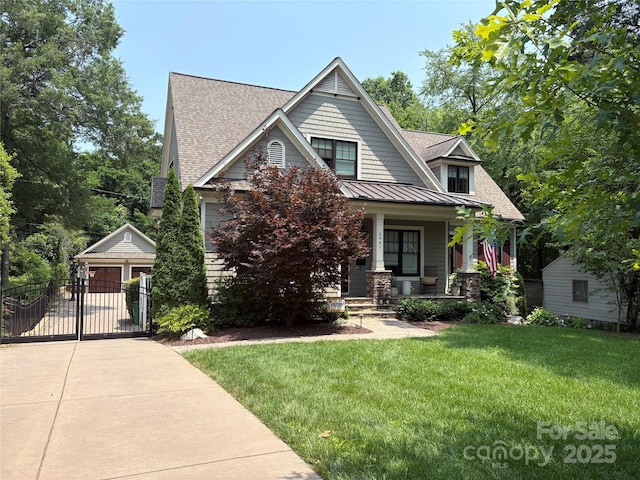 2941 Forest Park Dr, Charlotte, NC 28209 - craftsman house featuring a porch, a standing seam roof, an outdoor structure, a shingled roof, and a front yard