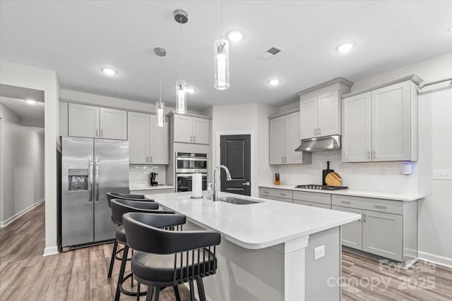 9009 Myrna Dr, Gastonia, NC 28056 - kitchen featuring appliances with stainless steel finishes, under cabinet range hood, decorative backsplash, light wood-type flooring, and light countertops