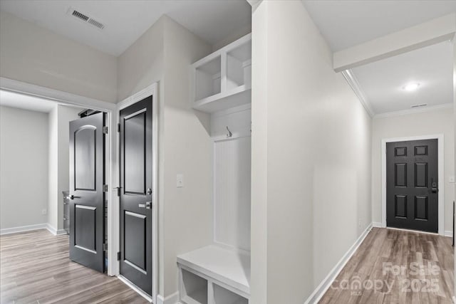 9009 Myrna Dr, Gastonia, NC 28056 - mudroom featuring light wood finished floors and ornamental molding