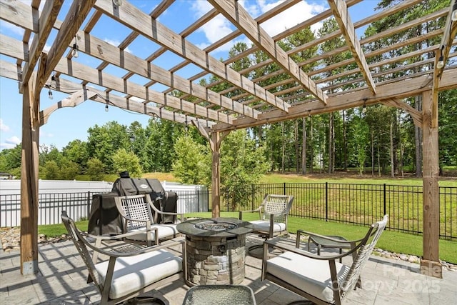 9009 Myrna Dr, Gastonia, NC 28056 - fenced backyard featuring a fire pit, a patio, and a pergola