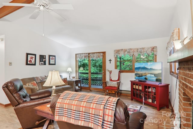 418 Stoney Ridge Loop, Maggie Valley, NC 28751 - living room featuring vaulted ceiling, wood finished floors, and a ceiling fan