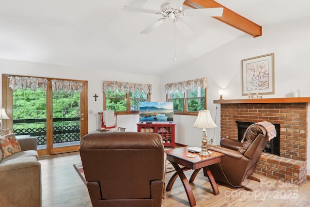 418 Stoney Ridge Loop, Maggie Valley, NC 28751 - living room with wood finished floors, a fireplace, and ceiling fan