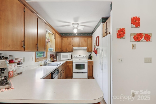 418 Stoney Ridge Loop, Maggie Valley, NC 28751 - kitchen with white appliances, under cabinet range hood, a sink, light countertops, and ceiling fan