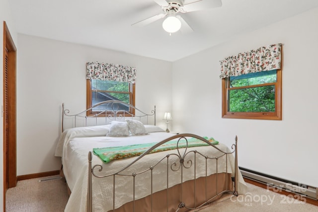 418 Stoney Ridge Loop, Maggie Valley, NC 28751 - bedroom with baseboard heating, carpet floors, a ceiling fan, and baseboards