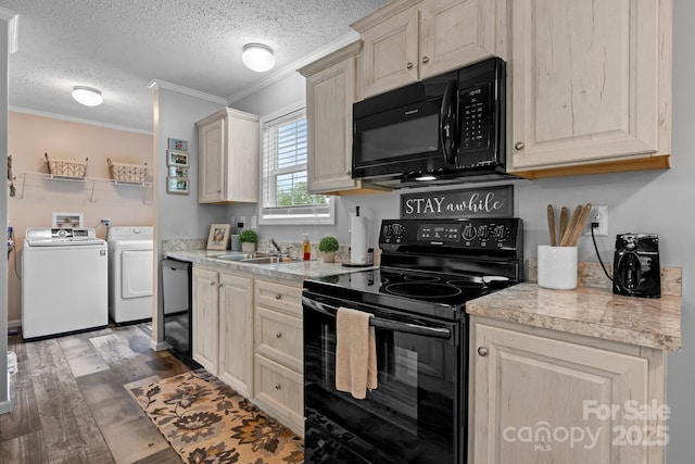 2843 Hopewell Church Rd, Sherrills Ford, NC 28673 - kitchen featuring black appliances, washer and clothes dryer, a sink, light countertops, and wood finished floors