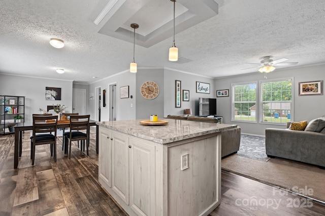 2843 Hopewell Church Rd, Sherrills Ford, NC 28673 - kitchen featuring open floor plan, a textured ceiling, dark wood-style flooring, a ceiling fan, and pendant lighting