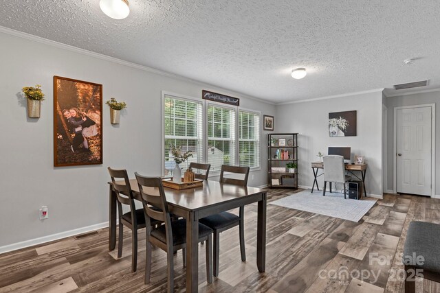 2843 Hopewell Church Rd, Sherrills Ford, NC 28673 - dining area featuring ornamental molding, wood finished floors, baseboards, an office area, and a textured ceiling