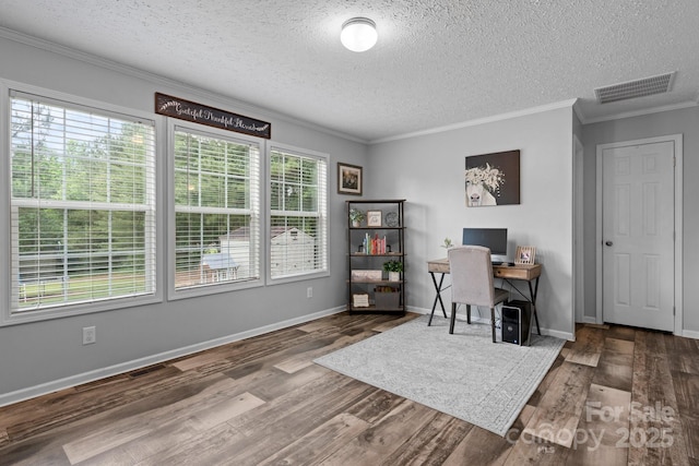 2843 Hopewell Church Rd, Sherrills Ford, NC 28673 - office area with ornamental molding, a textured ceiling, wood finished floors, and baseboards