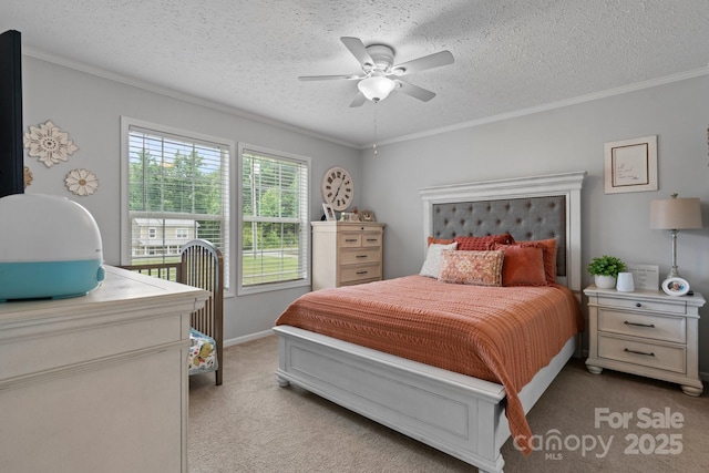 2843 Hopewell Church Rd, Sherrills Ford, NC 28673 - bedroom with carpet flooring, a textured ceiling, crown molding, a ceiling fan, and baseboards