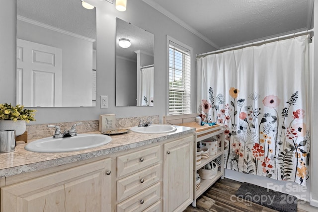 2843 Hopewell Church Rd, Sherrills Ford, NC 28673 - bathroom featuring double vanity, a textured ceiling, ornamental molding, wood finished floors, and a shower with shower curtain