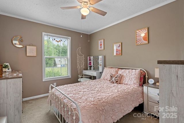 2843 Hopewell Church Rd, Sherrills Ford, NC 28673 - bedroom featuring carpet floors, a textured ceiling, ornamental molding, baseboards, and a ceiling fan