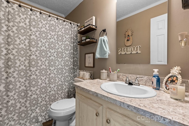 2843 Hopewell Church Rd, Sherrills Ford, NC 28673 - bathroom with vanity, a textured ceiling, toilet, ornamental molding, and a shower with curtain
