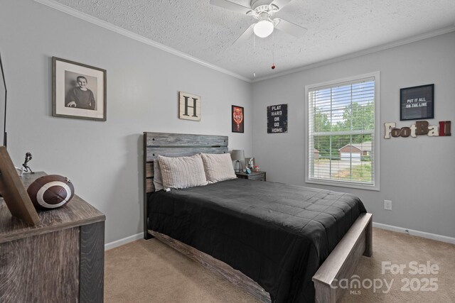2843 Hopewell Church Rd, Sherrills Ford, NC 28673 - bedroom with carpet flooring, a textured ceiling, baseboards, ornamental molding, and a ceiling fan