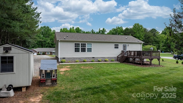 2843 Hopewell Church Rd, Sherrills Ford, NC 28673 - rear view of property with crawl space, a wooden deck, a yard, and stairs
